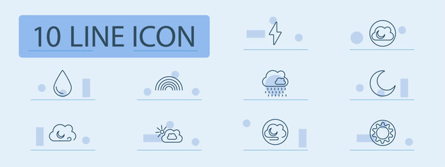 Weather set icon. Lightning, raindrop, rainbow, rain cloud, moon, cloud with crescent, sun, storm, weather symbols, day and night