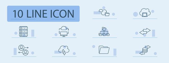 Cloud and data set icon. Cloud folder, cloud upload, server, data exchange, cloud structure, file transfer, network folders, data storage