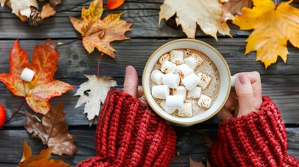 Womans Hands Holding Mug Of Hot Chocolate With Marshmallows, Surrounded By Colorful Autumn Leaves.