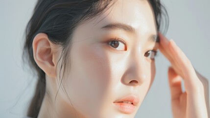 Fototapeta premium Close-up of a young woman’s face, highlighting her radiant skin and thoughtful expression, bathed in soft natural light.