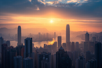 Fototapeta premium Cityscape at Sunset with Vibrant Orange Sky and Skyscrapers