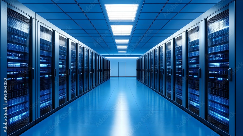 Poster modern data center hallway with rows of server racks and blue lighting.