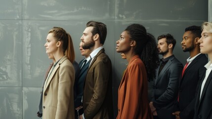 Obraz premium A side profile of a diverse group of people dressed in professional attire, lined up against a textured wall, reflecting determination and focus.