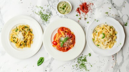 Three plates of colorful pasta dishes with garnishes are artfully arranged on a white marble surface, highlighting culinary diversity and creativity.