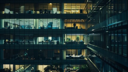 A modern multi-floor office building with illuminated windows at night, showcasing the dynamics of corporate life in a bustling urban environment.