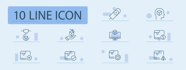 3D printing set icon. 3D model, filament spool, printing machine, CAD design, object scaling, cube design, extruder, nozzle, prototype, precision print, additive manufacturing, 3D creation.