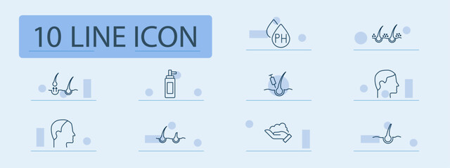 Hair care set icon. Scissors, follicle, shampoo bottle, roots, comb, scalp, conditioner, growth, loss treatment, healthy, hair structure, personal care.