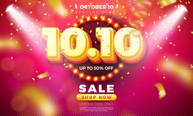 10 October Shopping Day Flash Sale Design with 3d 10.10 Number and Light Bulb Billboard on Falling Confetti Background. Vector Special Offer 50 Percent Off Campaign Discount Illustration for Coupon