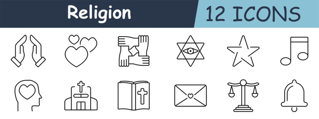 Religion set icon. Praying hands, heart, unity, star of David, eye, music note, head with heart, church, Bible, love letter, justice scales, bell, spirituality, faith, and religion symbols