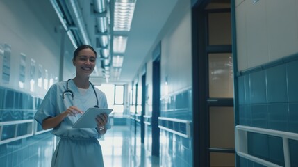 Fototapeta premium A healthcare professional with a cheerful expression walks down a hospital hallway, confidently holding a clipboard, poised for patient consultations.