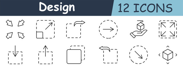 Design set icon. Arrows, dotted box, arrow circle, holding cube, expanding arrows, resizing, rotate, moving cube