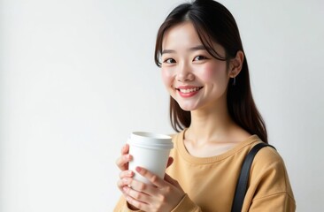 Asian woman standing with paper cup for takeaway coffee drinks or tea on white background. Place for text