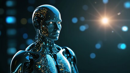 Naklejka premium A metallic, reflective surface with visible circuits and mechanical components, suggesting a sophisticated artificial intelligence and advanced android