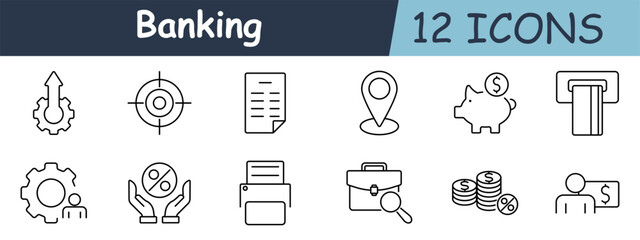 Banking set icon. Gear with arrow, target, document, location pin, piggy bank, ATM, gear with person, percentage in hand, printer, briefcase with magnifier, coins with percentage, person with money