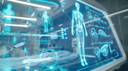 A sophisticated medical interface shows multiple holographic displays with skeletal and neural system insights in a research environment.