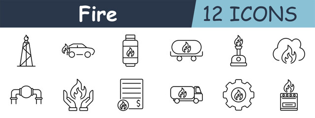 Fire set icon. Oil rig, car, gas tank, Bunsen burner, cloud, pipeline, hands holding, document, fire truck, gear with flame, stove