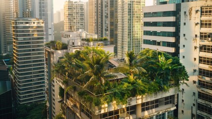 Rooftop garden with tropical plants atop a high-rise building, surrounded by urban skyscrapers, blending nature seamlessly with city life.