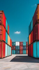 Fototapeta premium A photo of stacked shipping containers at the port, ready for transport to their physical destination