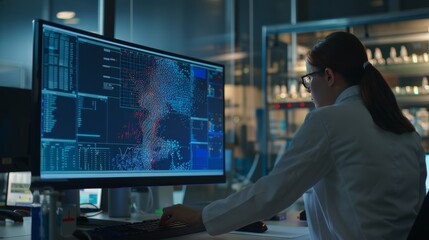 A scientist analyzes complex data visualizations on a widescreen monitor, embodying high-tech research and intricate exploration in a modern lab.