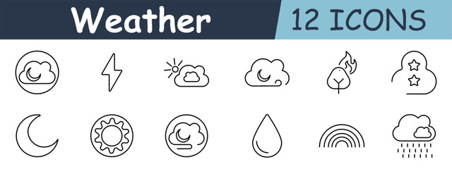 Weather set icon. Cloud, lightning, sun, moon, tree, fire, stars, rain, rainbow, drop, temperature, wind, forecast, climate.