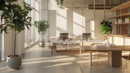 A modern office interior drenched in natural light, featuring minimalist furniture, green indoor plants, and an inviting ambiance for productivity.