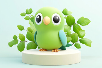 A cartoon green parrot sitting on a leafy branch with large expressive eyes and a yellow beak, with a light pastel green background.