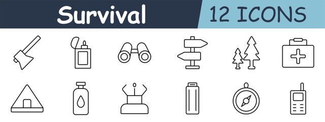 Survival set icon. Axe, lighter, binoculars, signpost, tree, first aid, tent, bottle, signal, battery, compass, radio, outdoor, adventure
