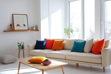 An interior photo of a living room with a combination of Scandinavian interiors and mid-century modern interiors, with white walls hanging with art frames and sofas and tables. Generative AI
