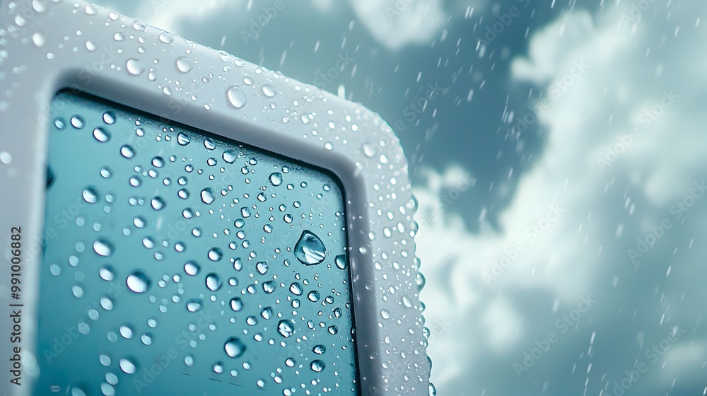 Poster modern digital rain gauge measuring weather data with storm clouds in background