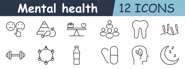 Mental health set icon. Happy face, sad face, pyramid, balance, group, tooth, acupuncture, dumbbell, molecule, water bottle, pills, sleep
