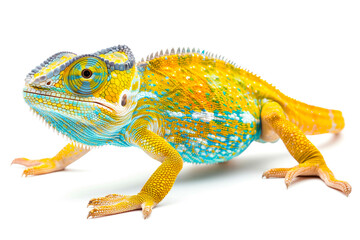 Naklejka premium Yellow blue lizard Panther chameleon isolated on white background