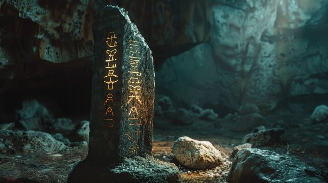 A lit monolith with mystical runes in the midst of an ancient, rocky cave, creating a scene of enigmatic allure and hidden lore. - Powered by Adobe