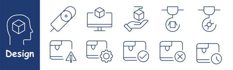 Design set icon. 3D printing, cube, computer, hand holding a cube, printer, warning, settings, checkmark, cross, clock, object creation, technology, printing error, control, maintenance