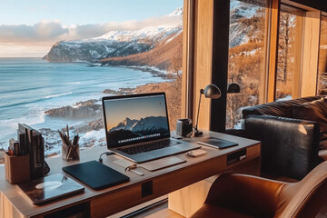 A modern desk setup with a laptop overlooking a stunning coastal view, showcasing a blend of productivity, nature, and tranquility.