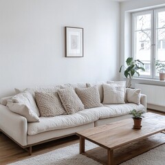 Scandinavian Mid-Century Modern interior photo with white walled living room with art frame hanging and wood shelf and sofa and table. Generative AI
