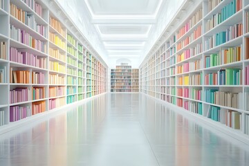 Fototapeta premium A perspective shot of a long hallway lined with white bookshelves, showcasing rows of colorful books.