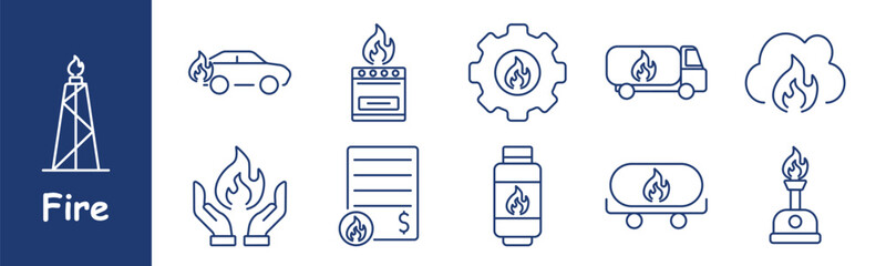 Fire set icon. Burning car, stove on fire, gear with flame, truck, flame cloud, hands, gas tank, burning receipt, prevention, gas system, truck safety, energy hazard, fire protection