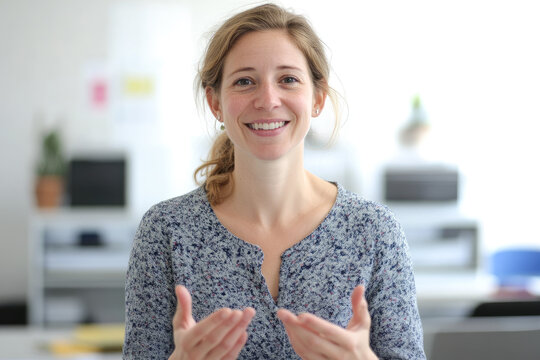 A woman gestures while speaking, likely explaining a concept or making a point in a casual setting, with blurred background office.