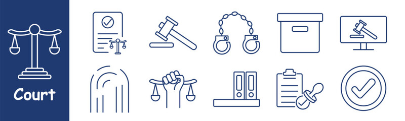 Court set icon. Gavel, scales, handcuffs, document with checkmark, legal folders, monitor with hammer, certificate, fingerprint, legal balance, trial, legal process, judgment, evidence