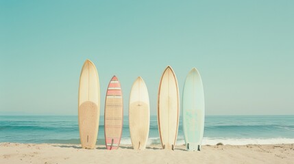 Five surfboards standing upright in the sand, facing the calm ocean, portraying a serene beach day and surfing anticipation.