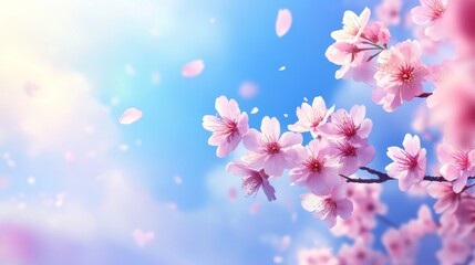 Fototapeta premium Horizontal banner with sakura flowers of pink color on blue sky backdrop. Beautiful nature spring background with a branch of blooming sakura. Sakura blossoming season in Japan