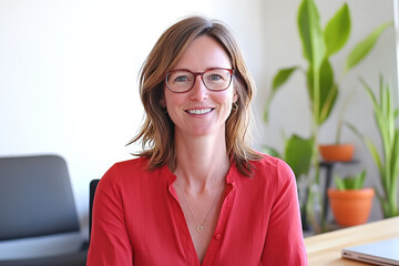 A woman wearing a red blouse sits in a stylish office space with green plants in the background, focusing on her work at a desk.