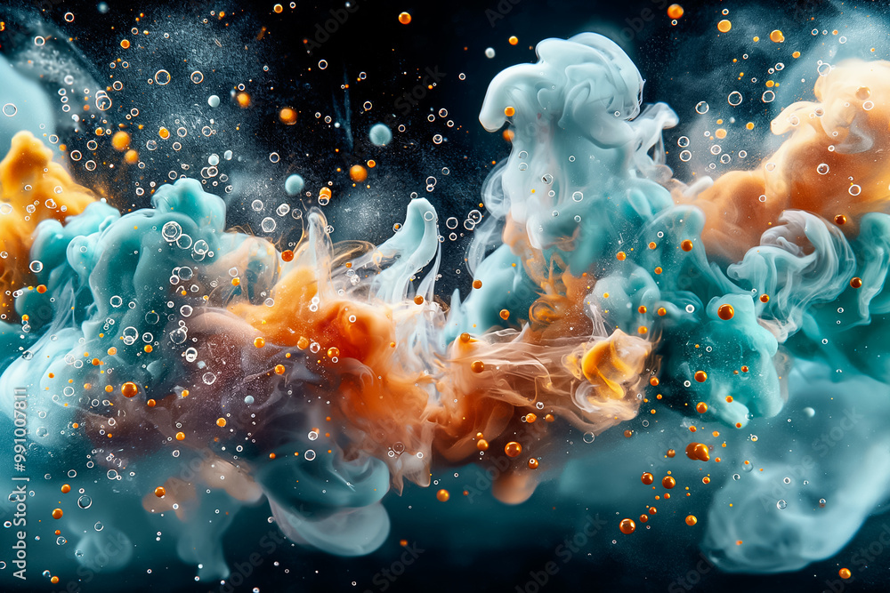 Poster a mesmerizing display of swirling blue and orange liquid forms a captivating background, filled with