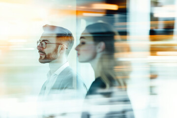 Two business professionals walk through a modern office space, blurred motion suggesting movement and the fast pace of a work environment.