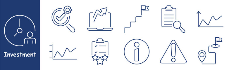 Investment set icon. Profit increase, report, checklists, charts, target, magnifying glass, flag, information icon, warning sign, location, success tracking, analysis, achievement, financial progress