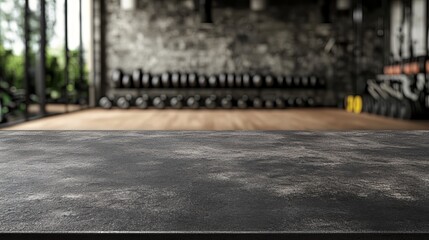 black tabletop with gym background for product photography and fitness displays