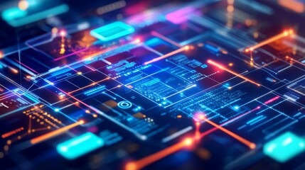 Abstract digital network with glowing lines and data.