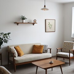 A modern living room photo of a Scandinavian interior and mid-century modern interior combination with interior decorations on a wood shelf and a white sofa and wood table. Generative AI
