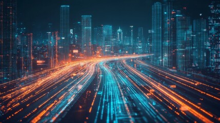 Obraz premium A city skyline at night with a highway with glowing lights.