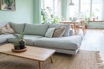 Fototapeta premium A Scandinavian mid-century modern interior photo of a modern living room with white finish to the wall and sofa and wood table. Generative AI 